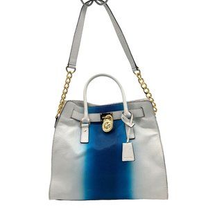 MICHAEL KORS Hamilton Spray Large Pebble Leather Tote Bag White/Blue